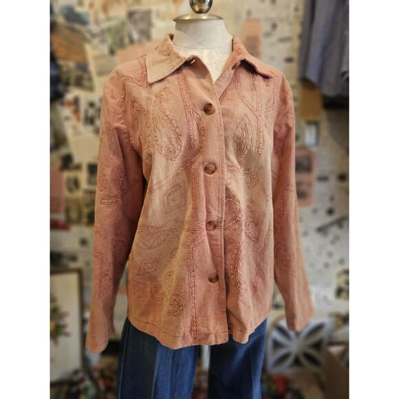 Coldwater Creek Rust Feather Embroidered Button Down Size Large - Picture 1 of 5